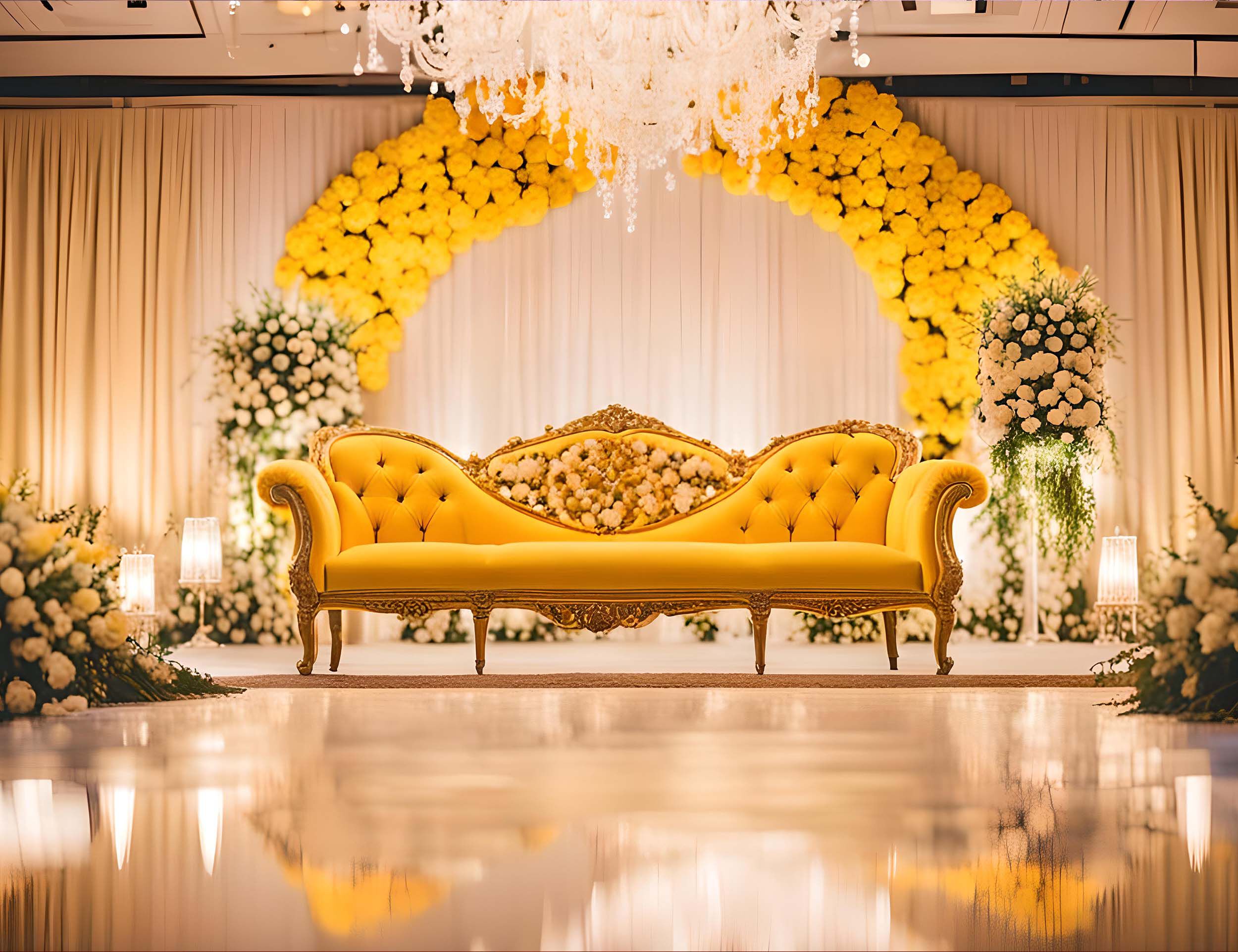 Elegant wedding stage with golden sofa, chandelier lighting, and a stunning yellow and white floral arch backdrop
